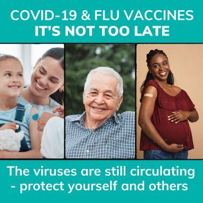 Flu and Covid-19 Vaccines Now Available. Image of mother and child, senior and pregnant woman.